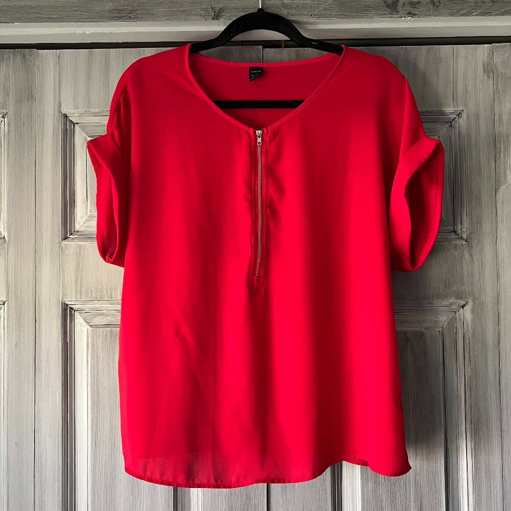 Shein Red Cuffed Short Sleeved Dress Top with Zipper Women’s Size XL